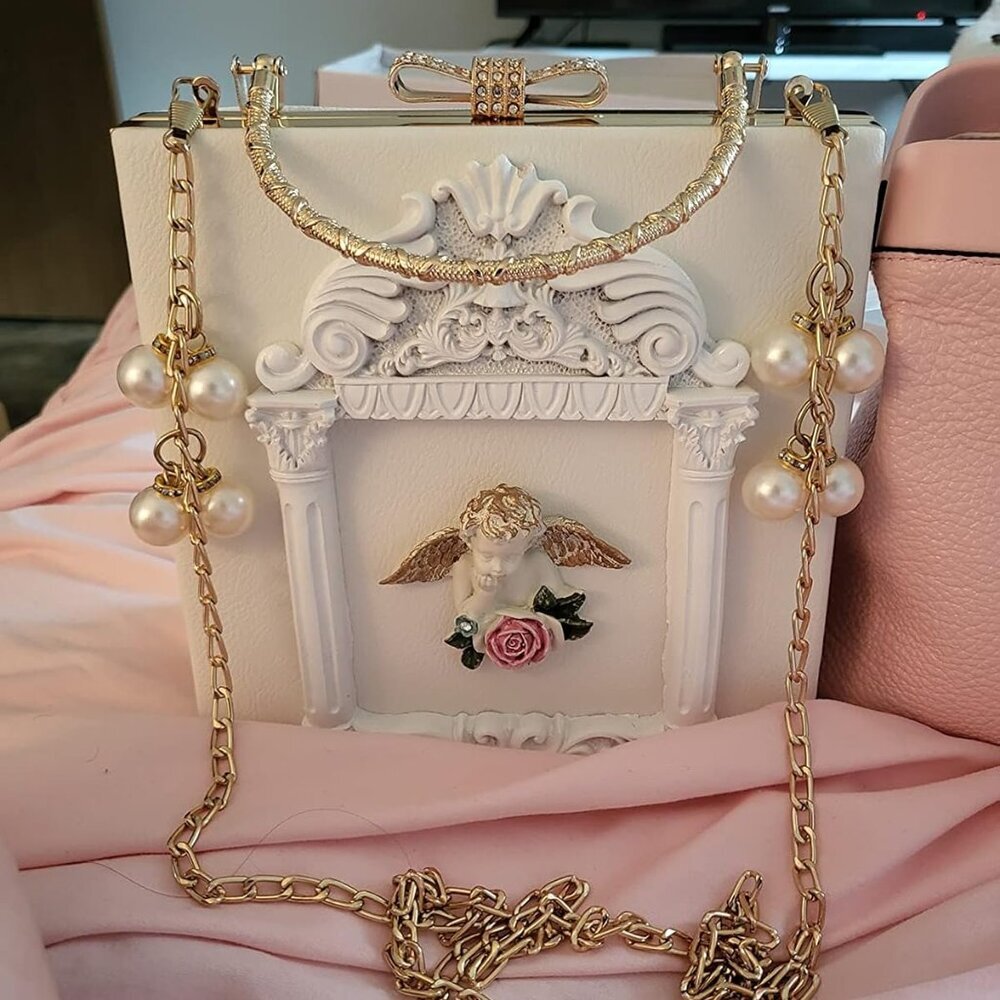 ⚡Women's White Gold Rose Embossed Love Angel Evening Formal Crossbody Clutch Bag